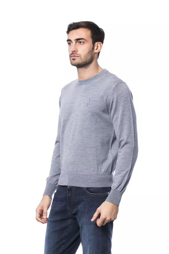 Billionaire Italian Couture Men's Gray Merino Wool Crewneck Sweater – Logo Detail, Italian Luxury Knitwear