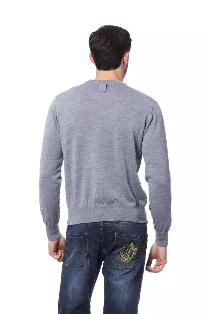 Billionaire Italian Couture Men's Gray Merino Wool Crewneck Sweater – Logo Detail, Italian Luxury Knitwear