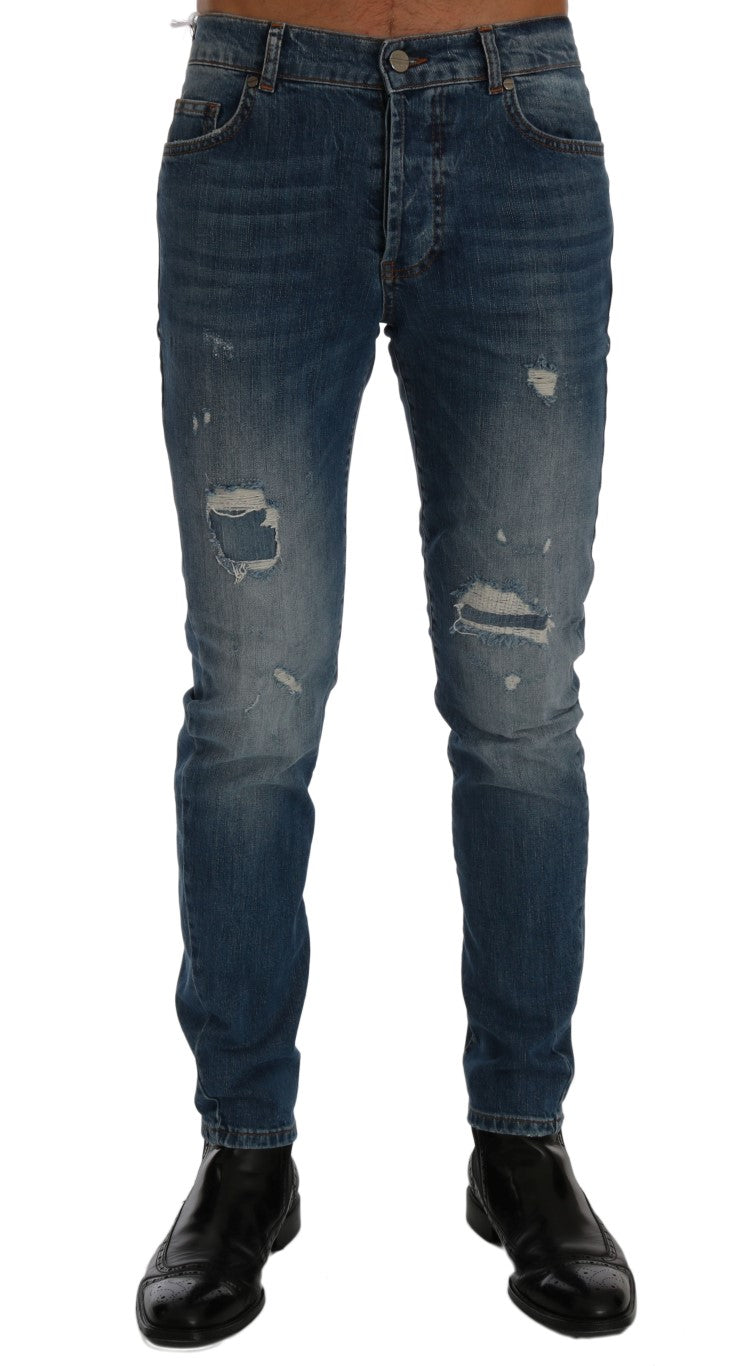 Frankie Morello Men's Blue Wash Torn Dunfermile Slim Fit Jeans – Logo Detail, 5-Pocket