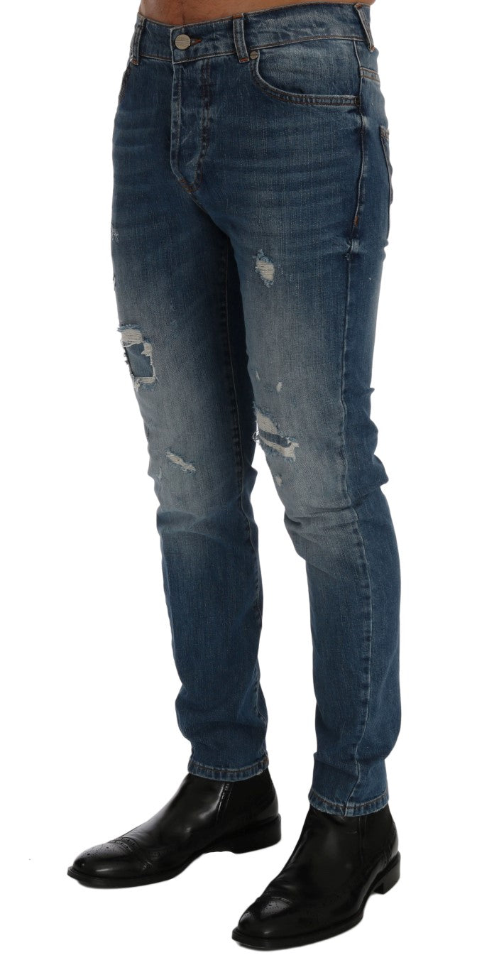 Frankie Morello Men's Blue Wash Torn Dunfermile Slim Fit Jeans – Logo Detail, 5-Pocket