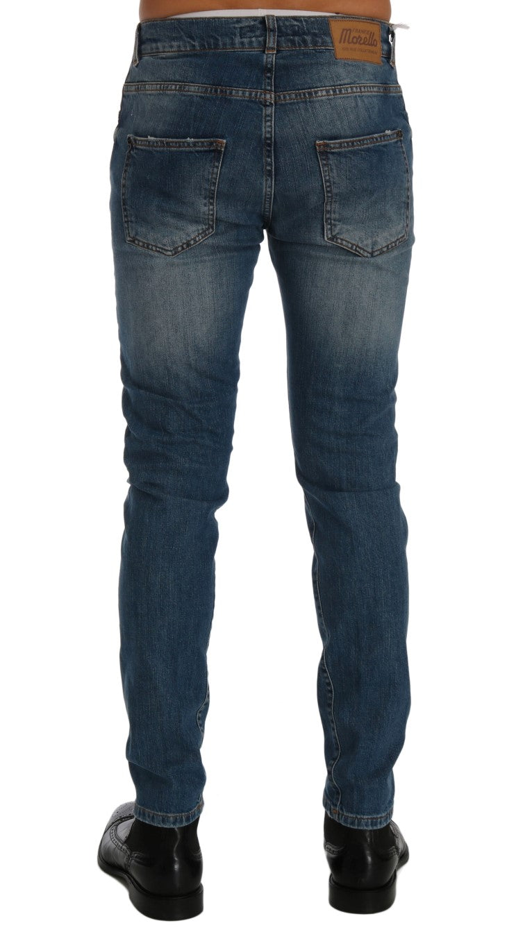 Frankie Morello Men's Blue Wash Torn Dunfermile Slim Fit Jeans – Logo Detail, 5-Pocket