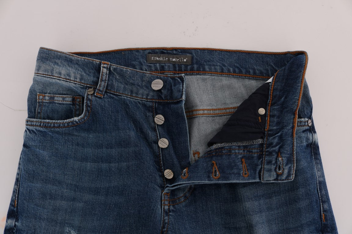 Frankie Morello Men's Blue Wash Torn Dunfermile Slim Fit Jeans – Logo Detail, 5-Pocket