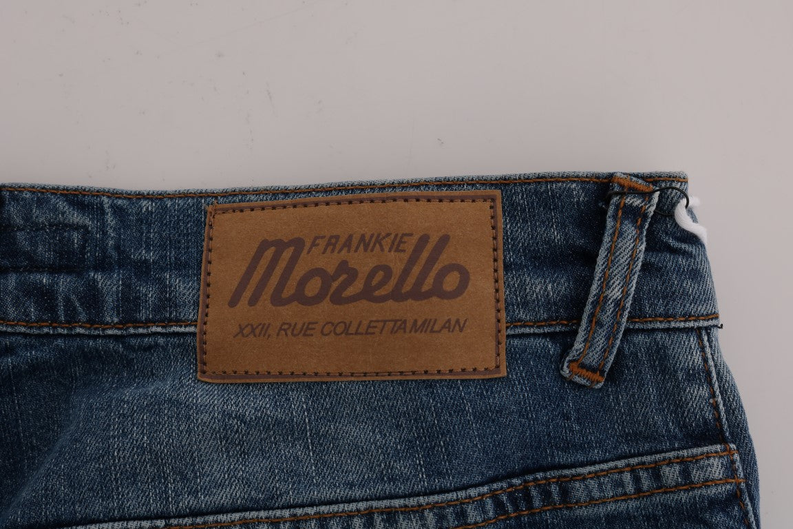 Frankie Morello Men's Blue Wash Torn Dunfermile Slim Fit Jeans – Logo Detail, 5-Pocket