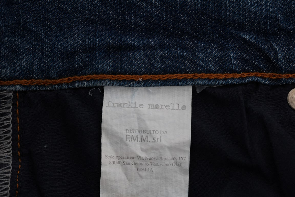 Frankie Morello Men's Blue Wash Torn Dunfermile Slim Fit Jeans – Logo Detail, 5-Pocket