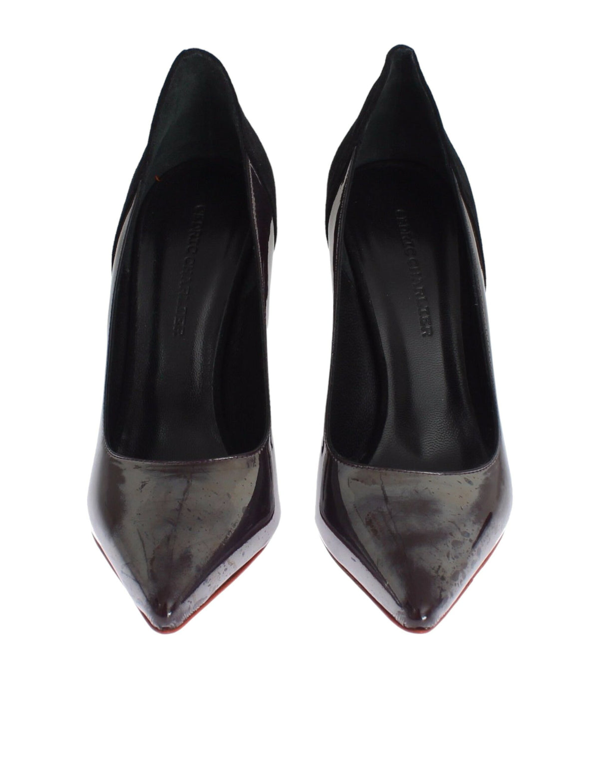 Cédric Charlier Women's Gray Metallic Leather & Black Suede Heel Pumps – Logo Detail, Made in Italy