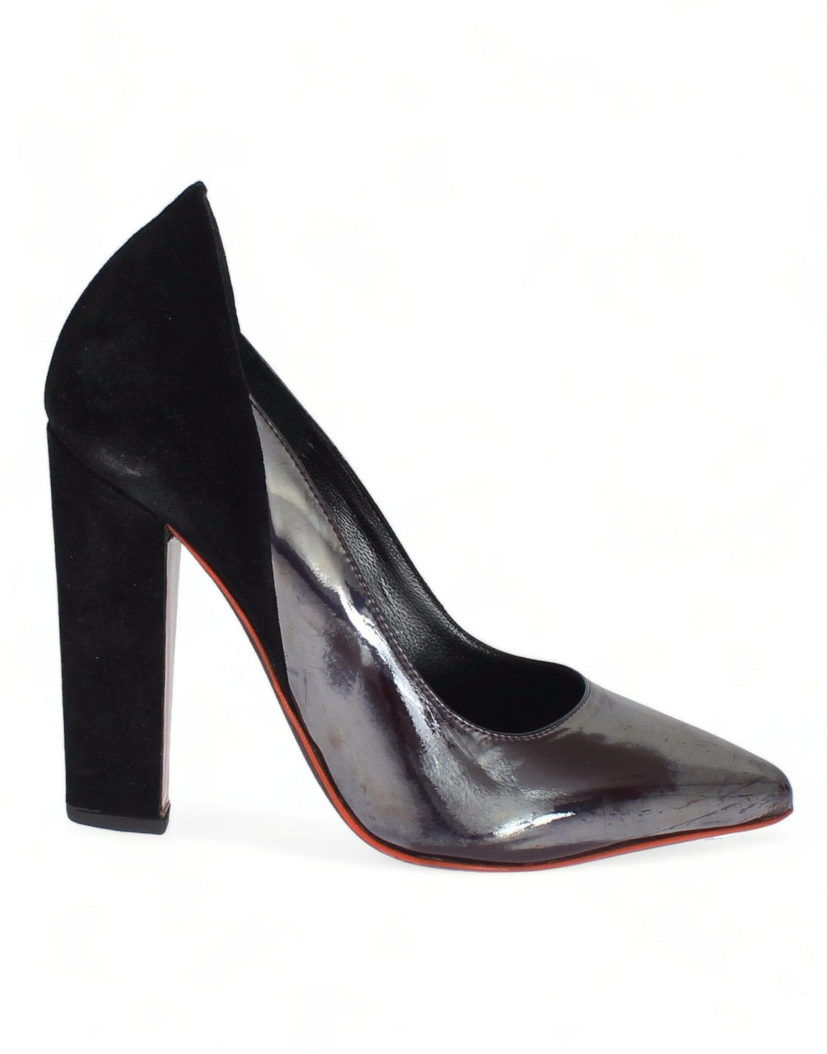 Cédric Charlier Women's Gray Metallic Leather & Black Suede Heel Pumps – Logo Detail, Made in Italy