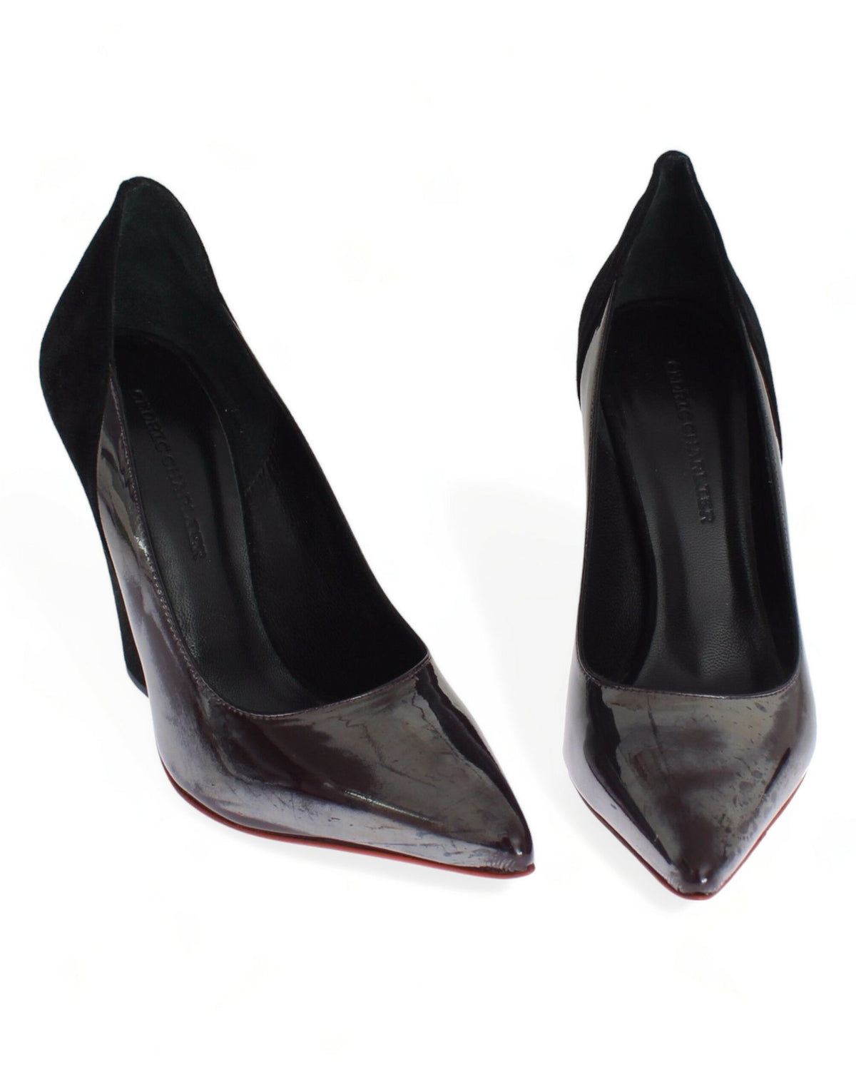 Cédric Charlier Women's Gray Metallic Leather & Black Suede Heel Pumps – Logo Detail, Made in Italy