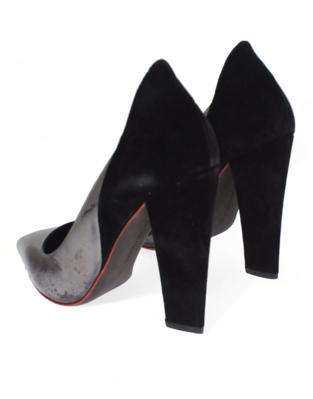 Cédric Charlier Women's Gray Metallic Leather & Black Suede Heel Pumps – Logo Detail, Made in Italy