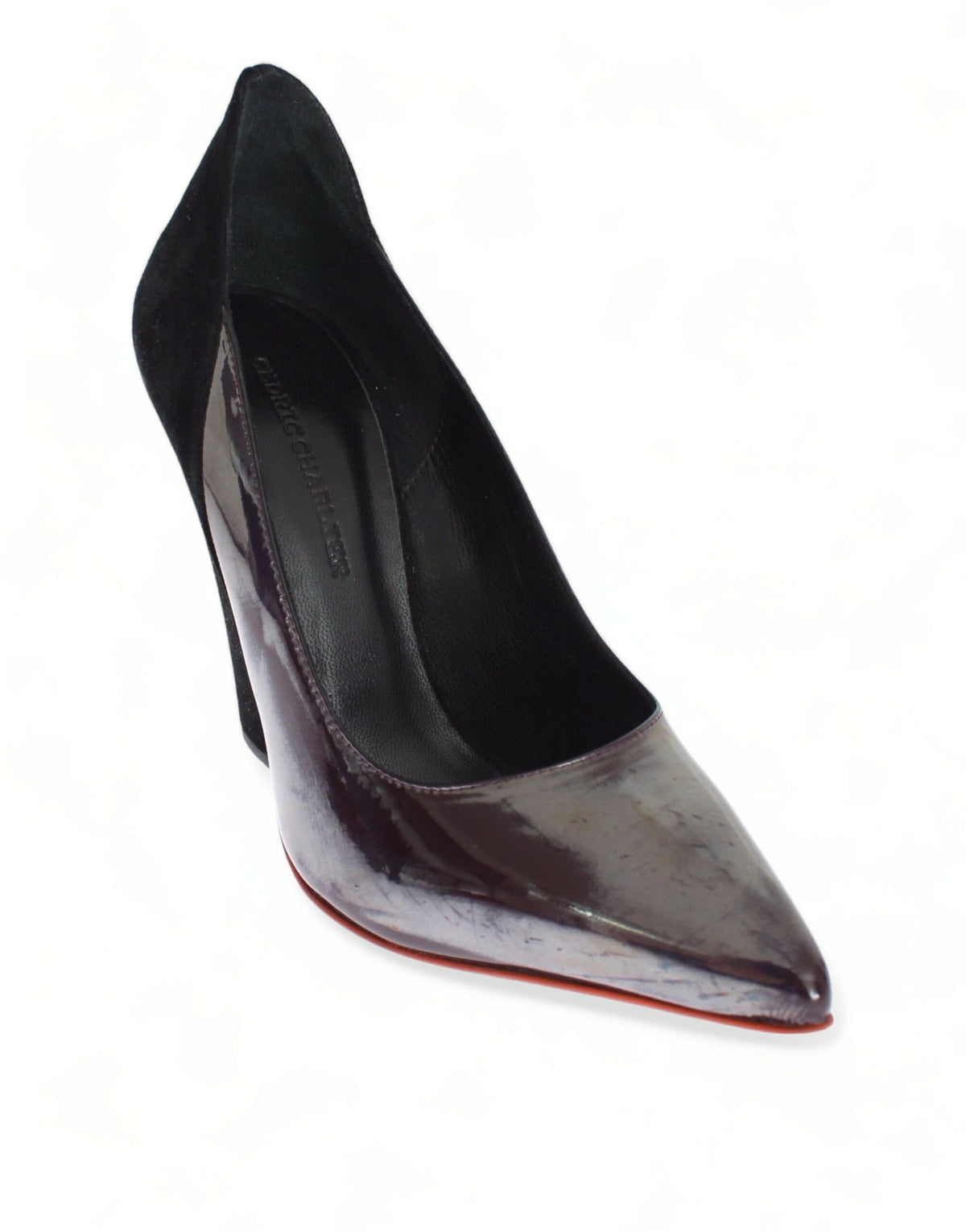 Cédric Charlier Women's Gray Metallic Leather & Black Suede Heel Pumps – Logo Detail, Made in Italy