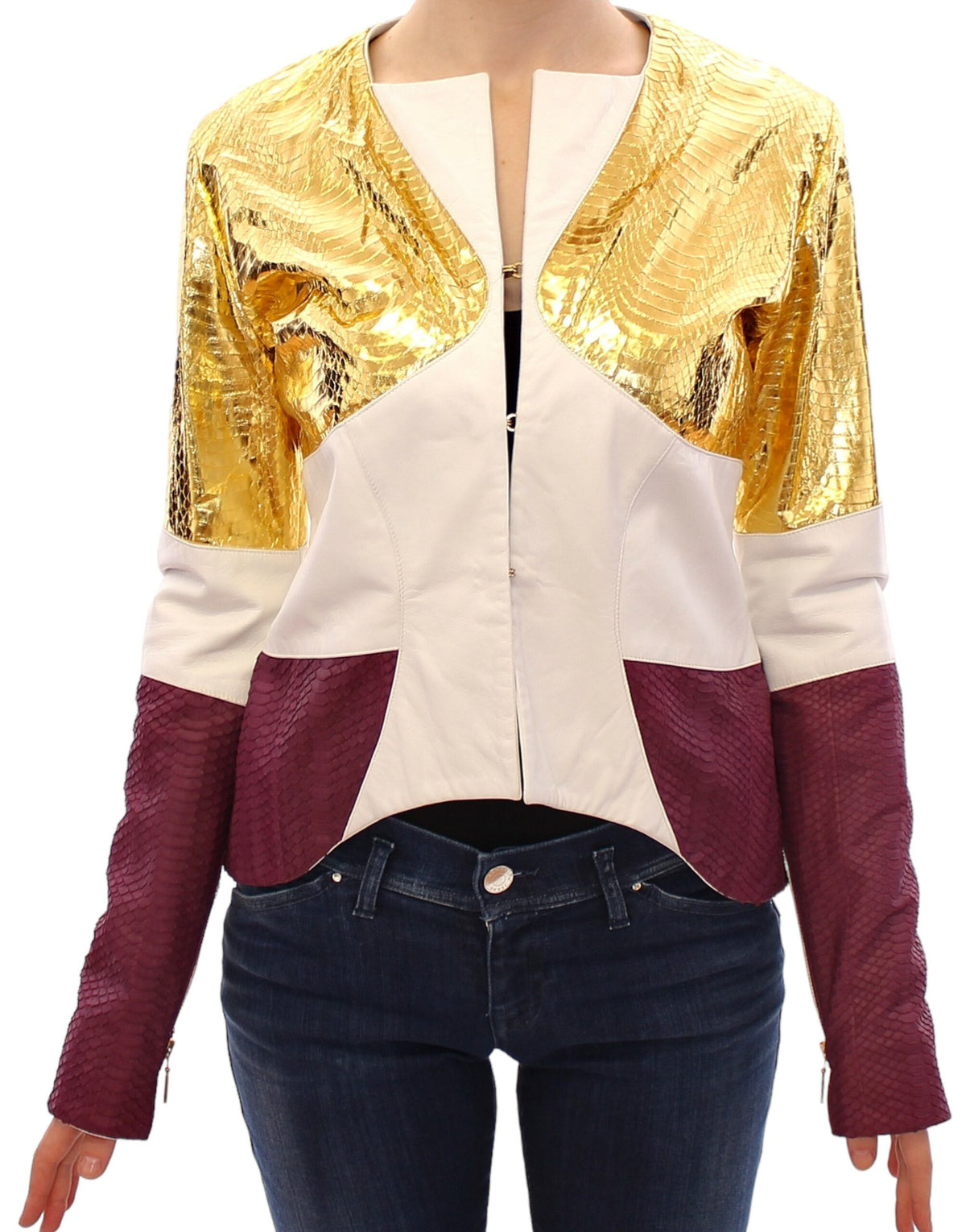 Vladimiro Gioia Women's White, Gold & Purple Crocodile Print Leather Jacket – Front Hook Closure, Made in Italy