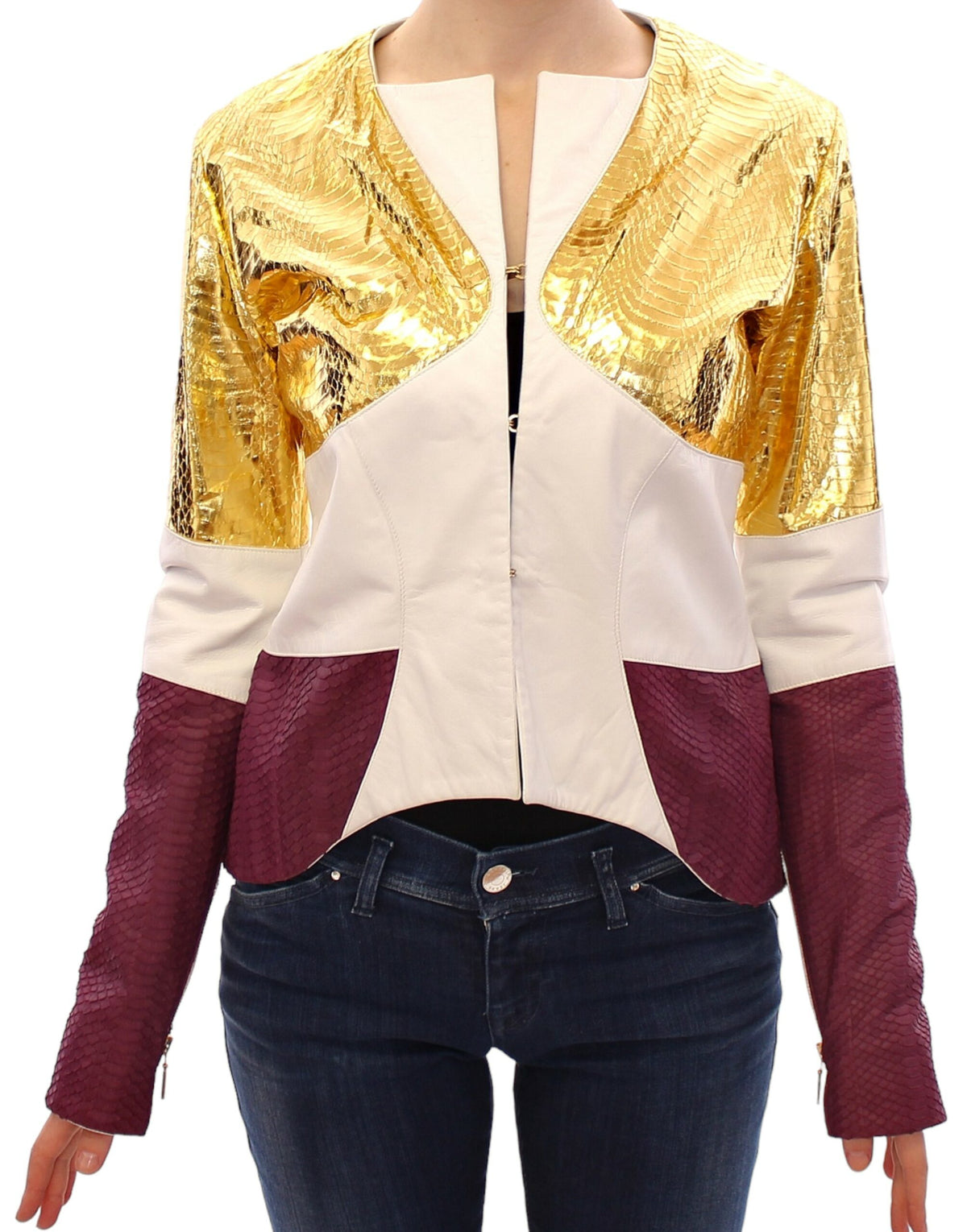 Vladimiro Gioia Women's White, Gold & Purple Crocodile Print Leather Jacket – Front Hook Closure, Made in Italy