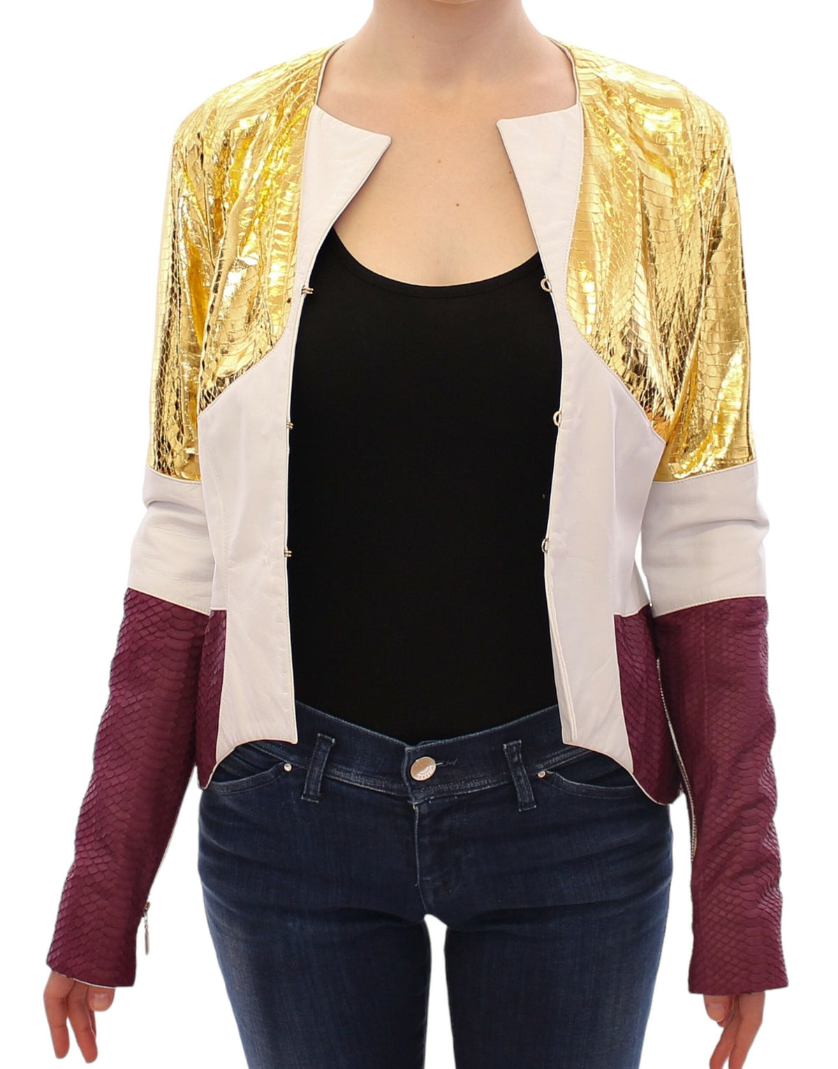 Vladimiro Gioia Women's White, Gold & Purple Crocodile Print Leather Jacket – Front Hook Closure, Made in Italy