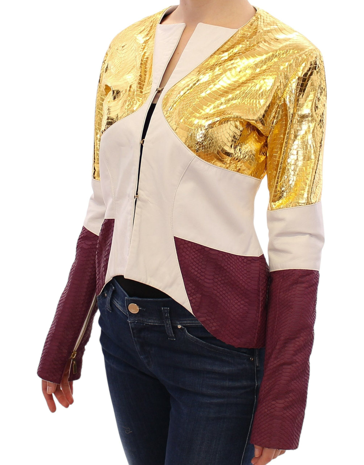 Vladimiro Gioia Women's White, Gold & Purple Crocodile Print Leather Jacket – Front Hook Closure, Made in Italy
