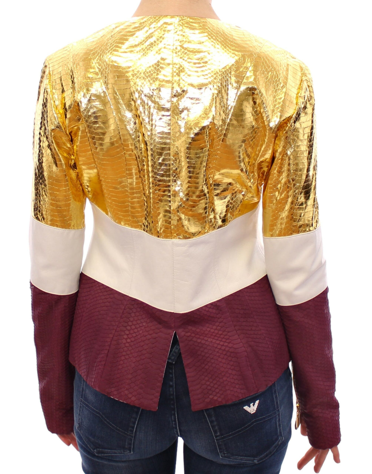 Vladimiro Gioia Women's White, Gold & Purple Crocodile Print Leather Jacket – Front Hook Closure, Made in Italy