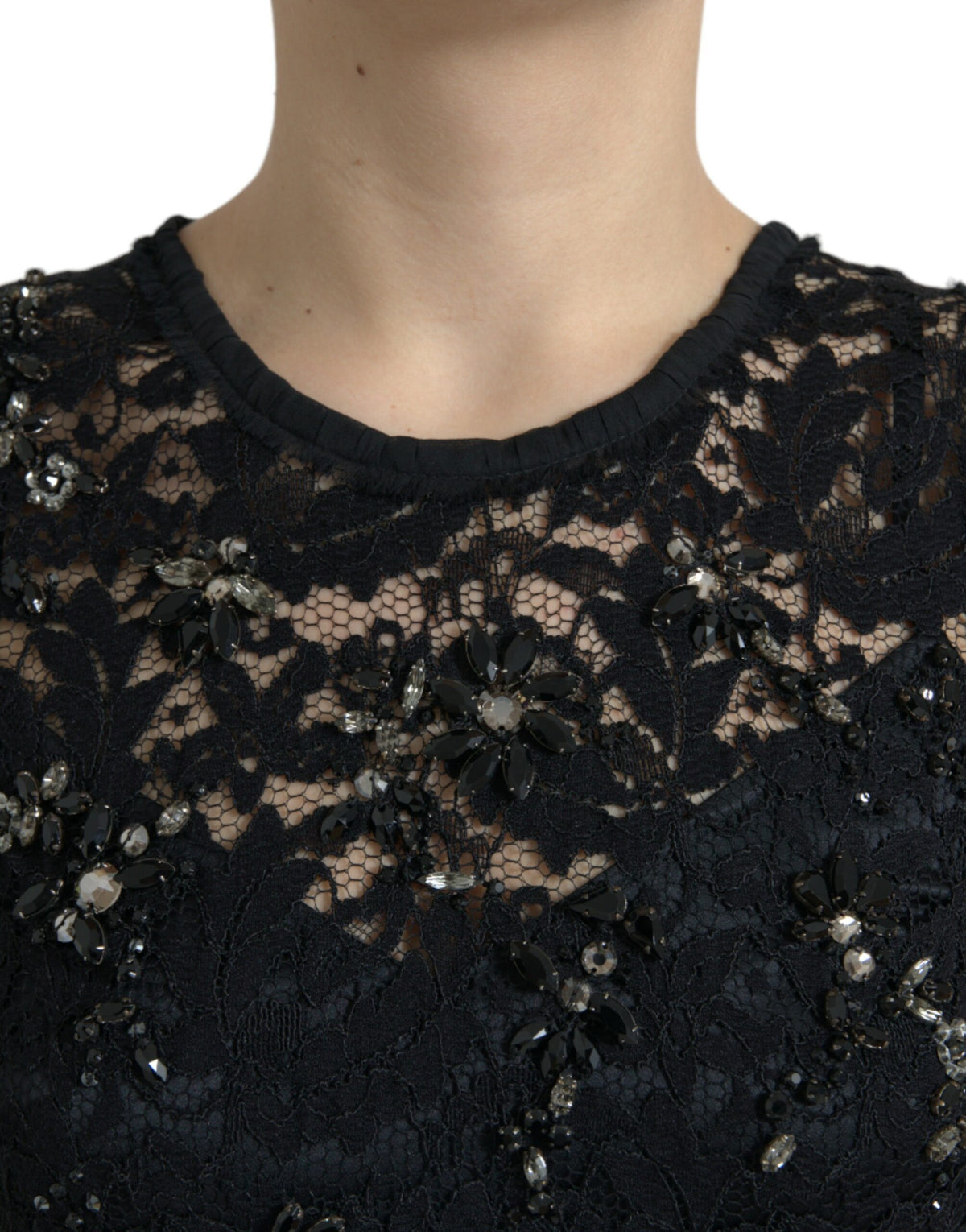 Dolce And Gabbana Black Floral Lace Crystal Embellished Runway Sheath Dress