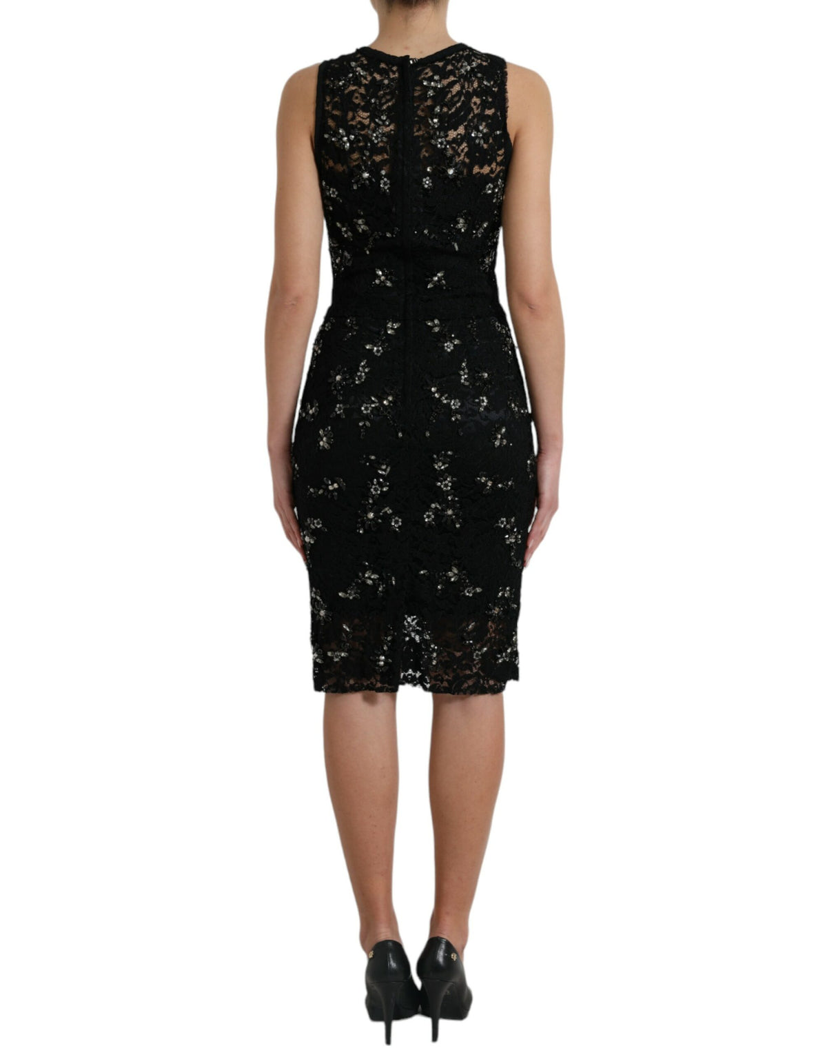 Dolce And Gabbana Black Floral Lace Crystal Embellished Runway Sheath Dress