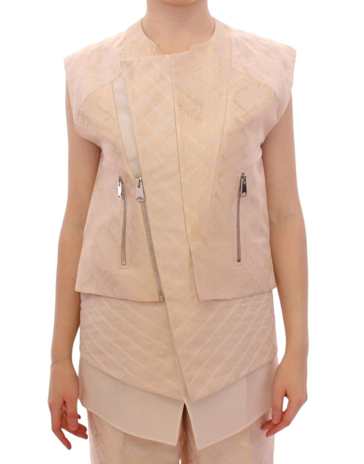 Zeyneptosun Women's Beige Brocade Sleeveless Jacket – Structured, Made in Turkey