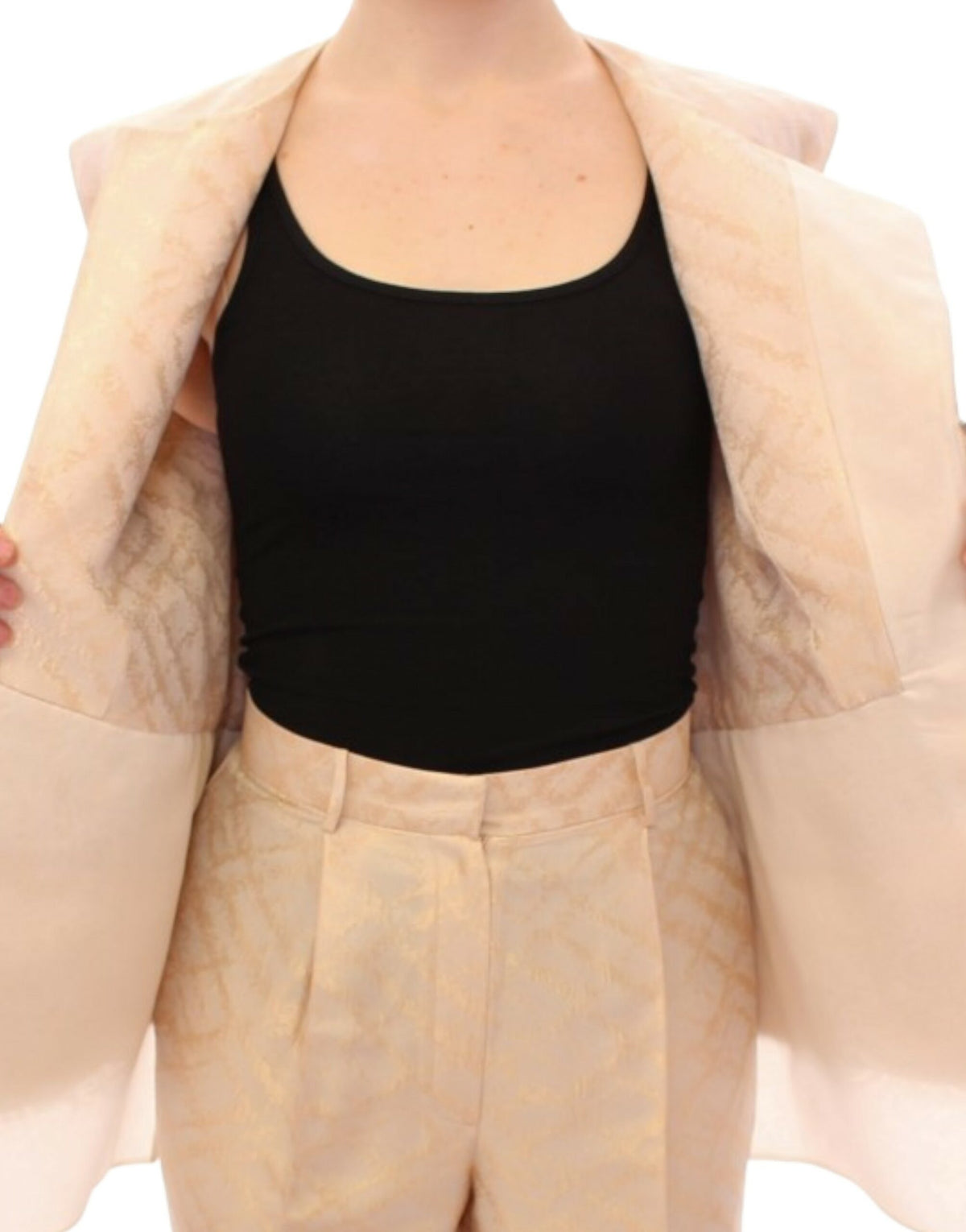 Zeyneptosun Women's Beige Brocade Sleeveless Jacket – Structured, Made in Turkey