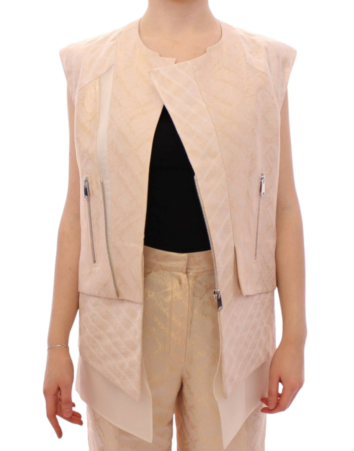 Zeyneptosun Women's Beige Brocade Sleeveless Jacket – Structured, Made in Turkey