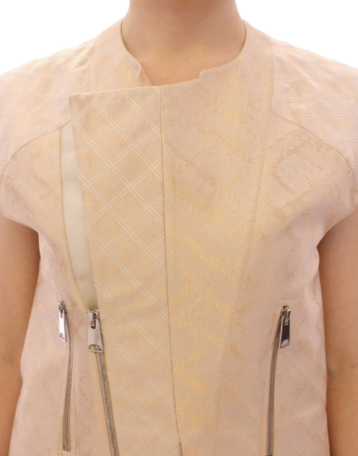 Zeyneptosun Women's Beige Brocade Sleeveless Jacket – Structured, Made in Turkey