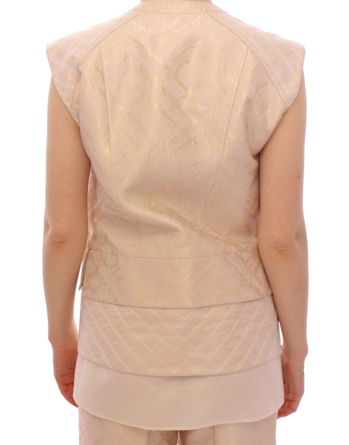 Zeyneptosun Women's Beige Brocade Sleeveless Jacket – Structured, Made in Turkey