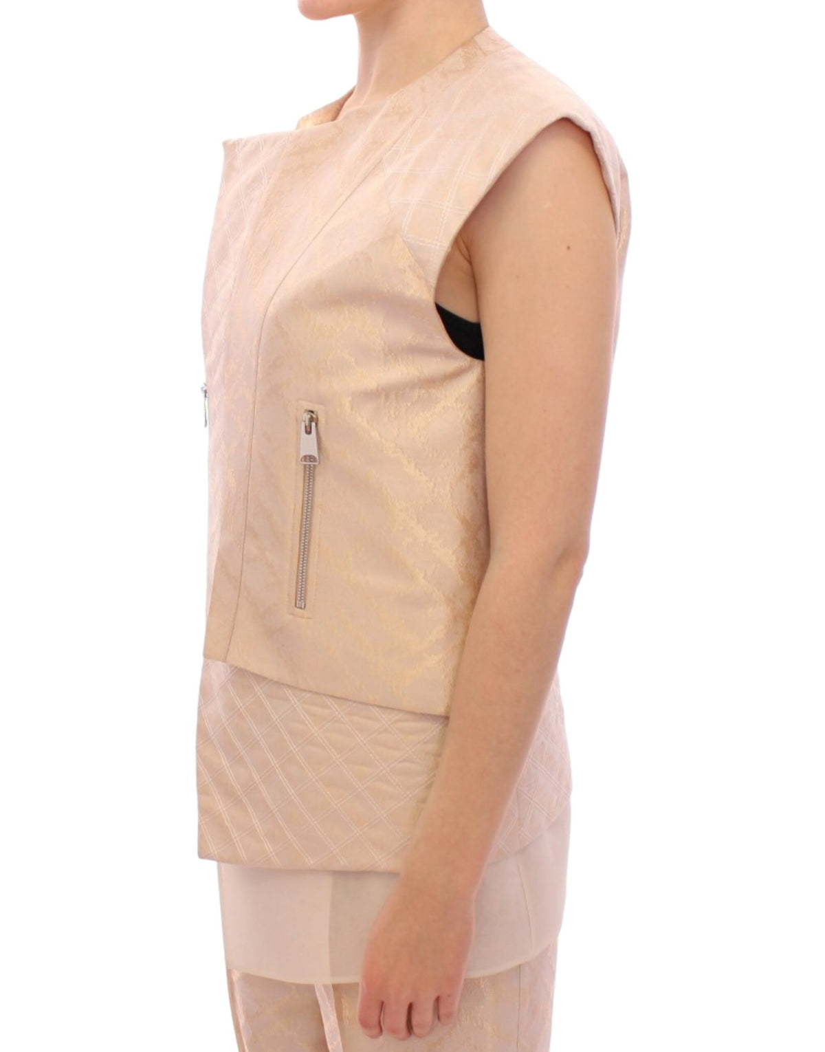 Zeyneptosun Women's Beige Brocade Sleeveless Jacket – Structured, Made in Turkey