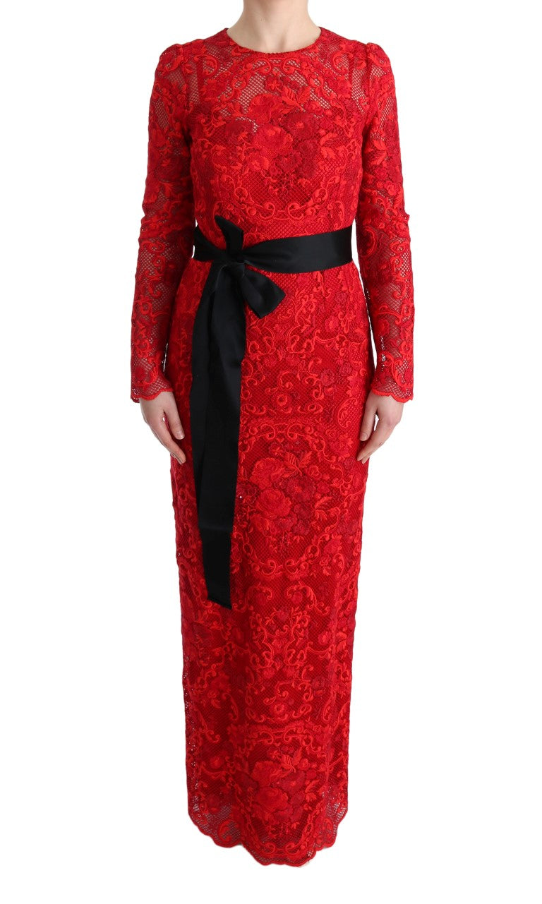 Dolce & Gabbana Red Floral Ricamo Long-Sleeve Sheath Dress