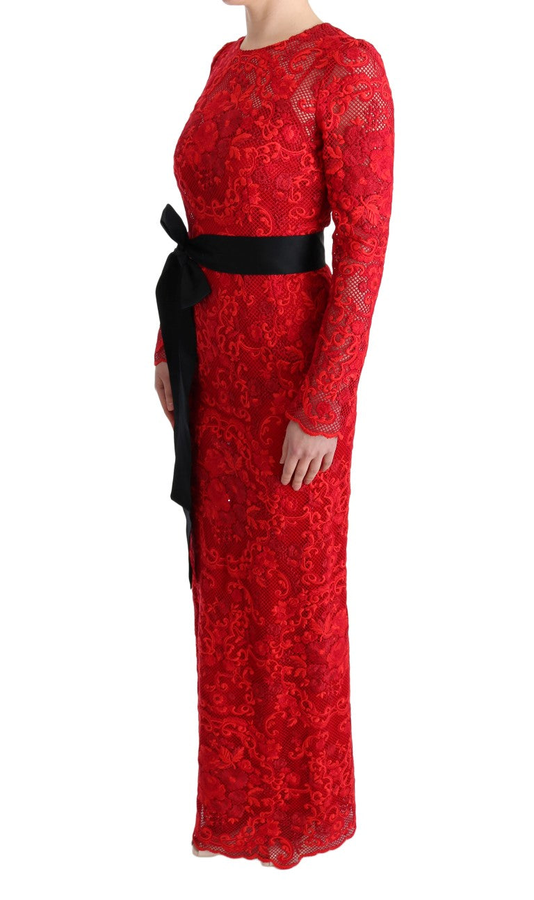 Dolce & Gabbana Red Floral Ricamo Long-Sleeve Sheath Dress