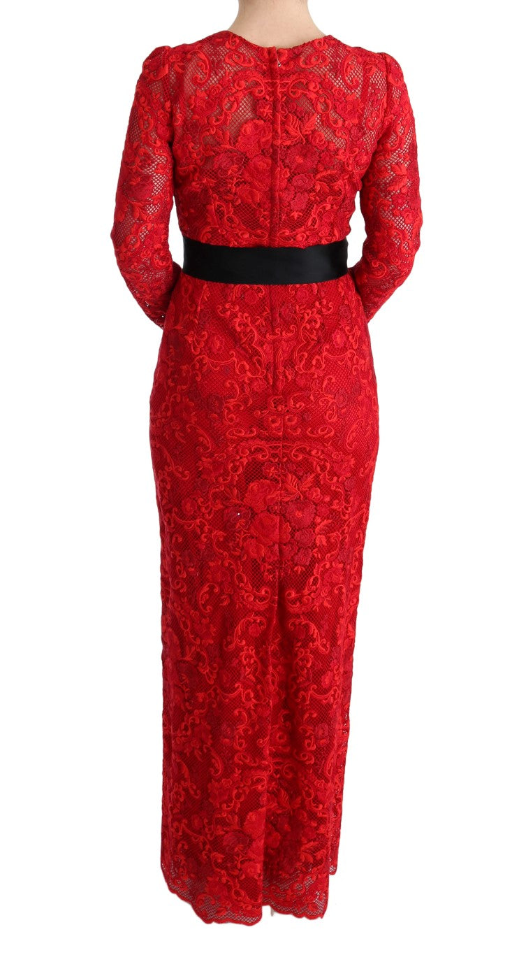 Dolce & Gabbana Red Floral Ricamo Long-Sleeve Sheath Dress