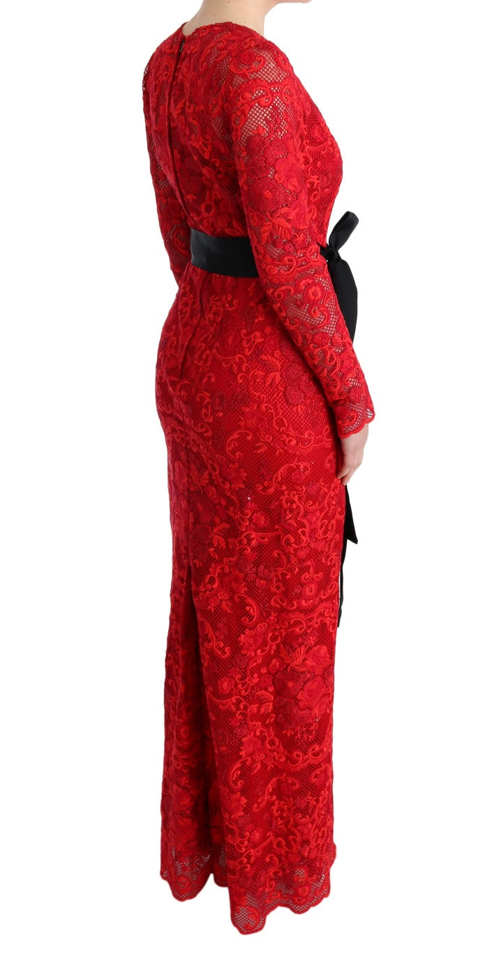 Dolce & Gabbana Red Floral Ricamo Long-Sleeve Sheath Dress