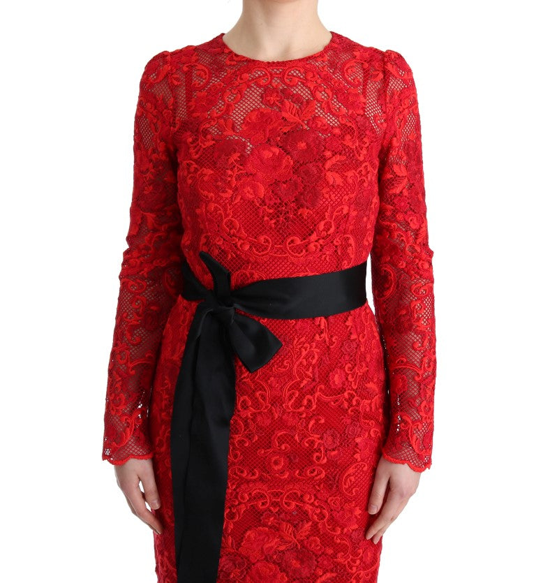 Dolce & Gabbana Red Floral Ricamo Long-Sleeve Sheath Dress