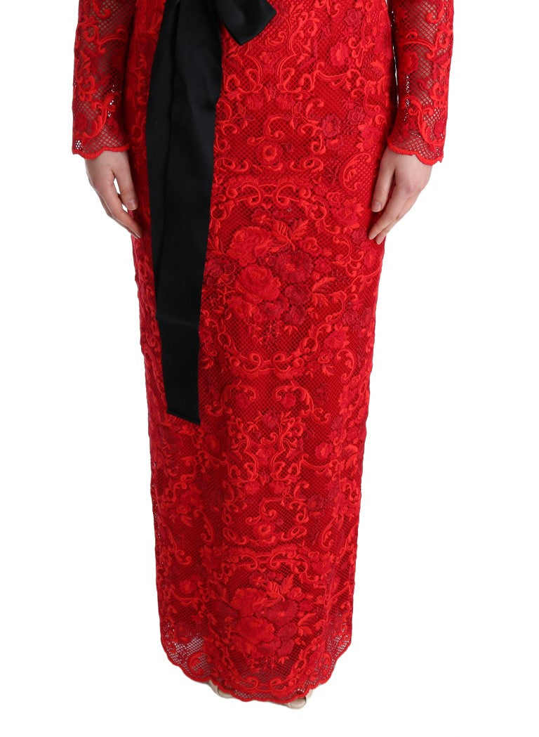 Dolce & Gabbana Red Floral Ricamo Long-Sleeve Sheath Dress