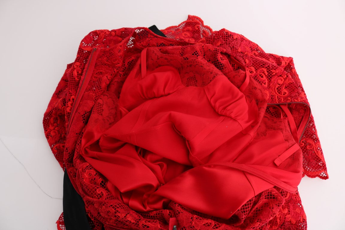 Dolce & Gabbana Red Floral Ricamo Long-Sleeve Sheath Dress