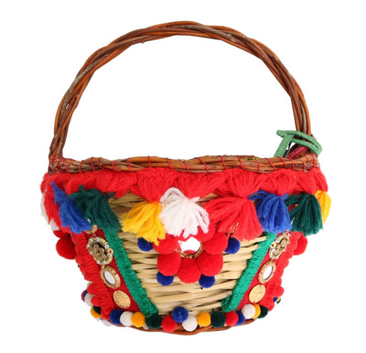 Dolce & Gabbana Multicolor AGNESE Straw Crystal Pom Pom Bag