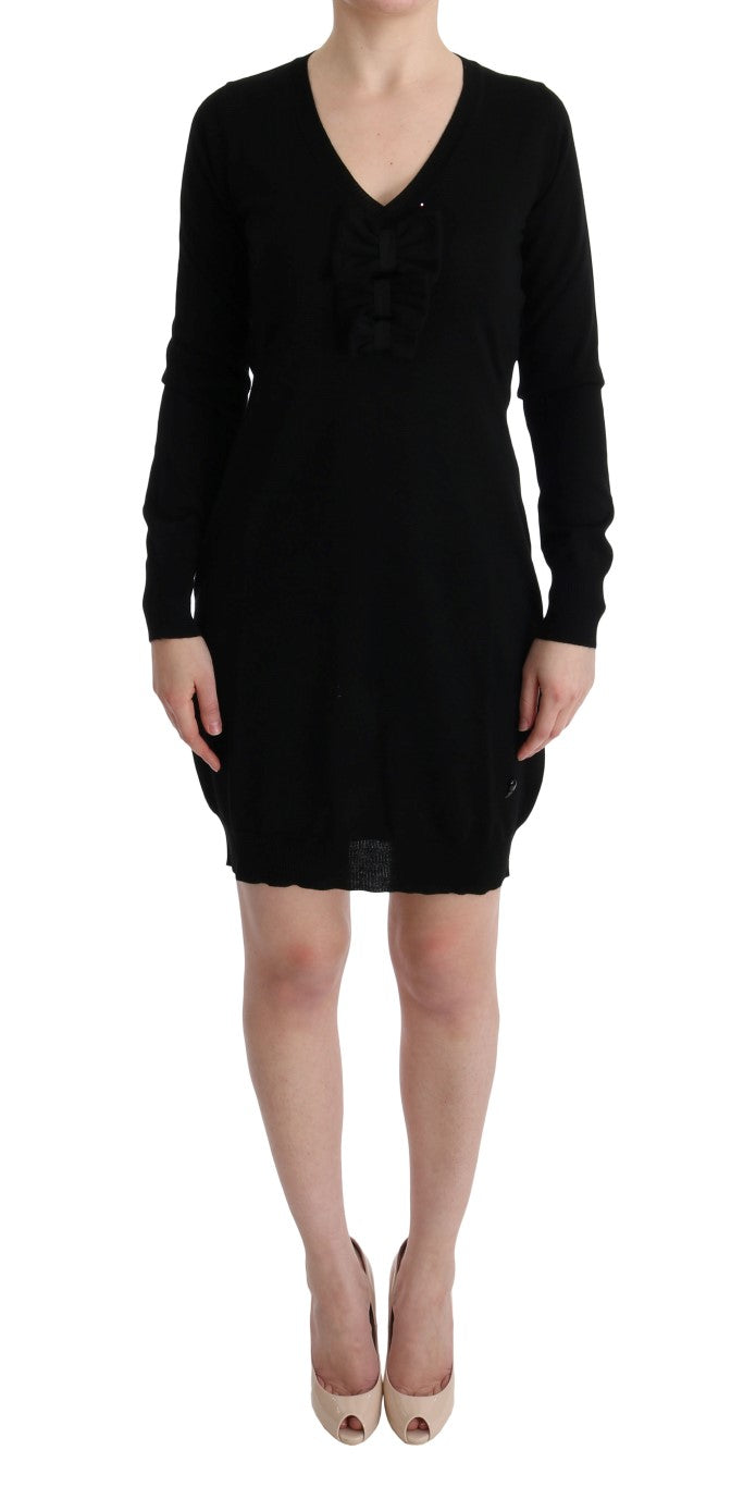 MARGHI LO' Women's Black 100% Wool Long Sleeve Over-Knee Shift Dress – Luxury Italian Knitwear