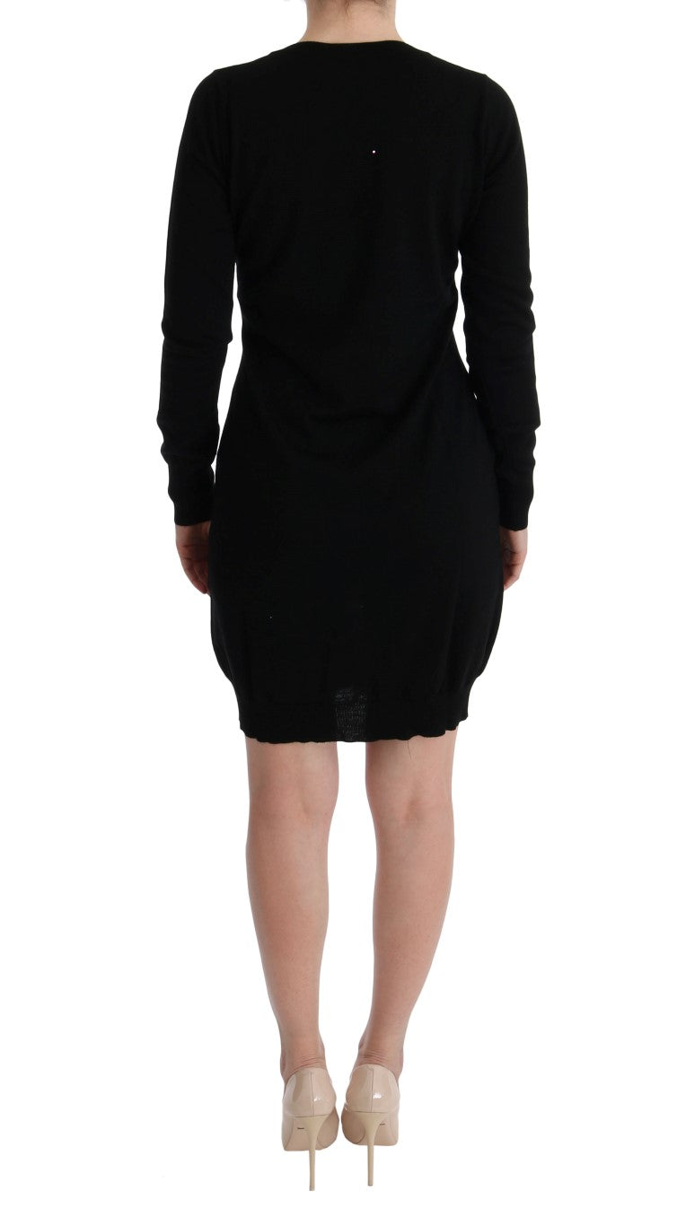 MARGHI LO' Women's Black 100% Wool Long Sleeve Over-Knee Shift Dress – Luxury Italian Knitwear