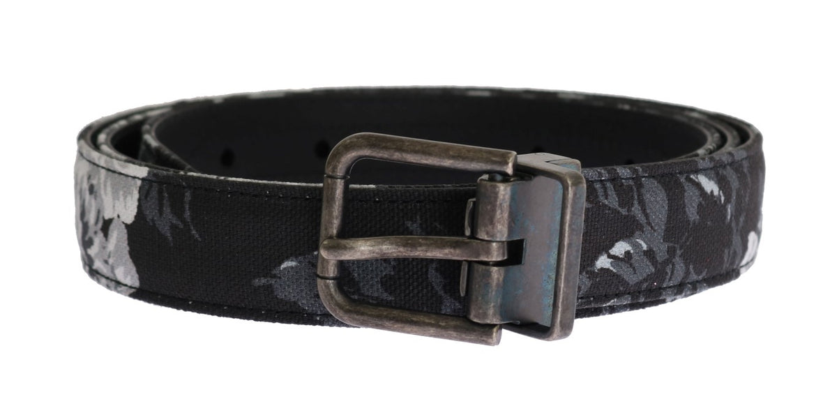 Dolce & Gabbana Black Cayman Linen Belt - Floral Pattern, Gold Buckle, Made in Italy