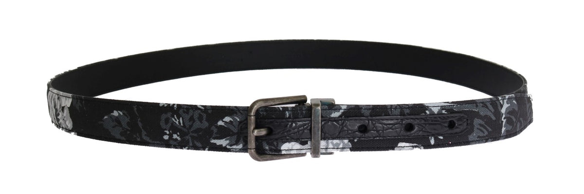 Dolce & Gabbana Black Cayman Linen Belt - Floral Pattern, Gold Buckle, Made in Italy