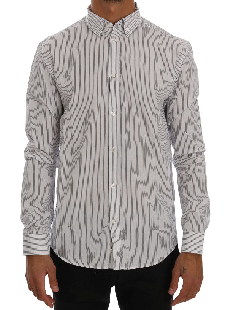 Frankie Morello Men's White & Blue Striped Casual Cotton Regular Fit Shirt – Logo Detail