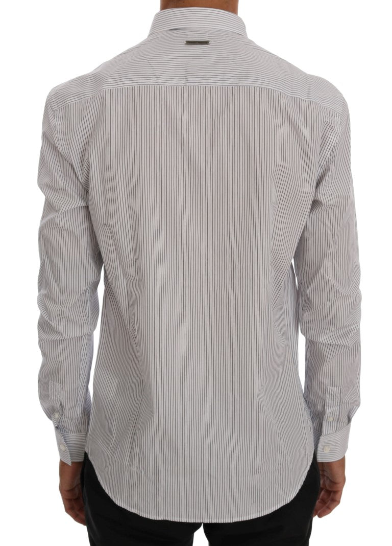 Frankie Morello Men's White & Blue Striped Casual Cotton Regular Fit Shirt – Logo Detail
