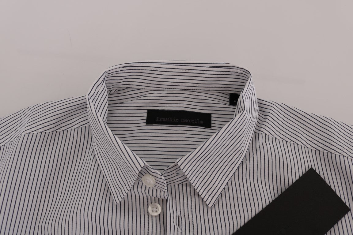 Frankie Morello Men's White & Blue Striped Casual Cotton Regular Fit Shirt – Logo Detail