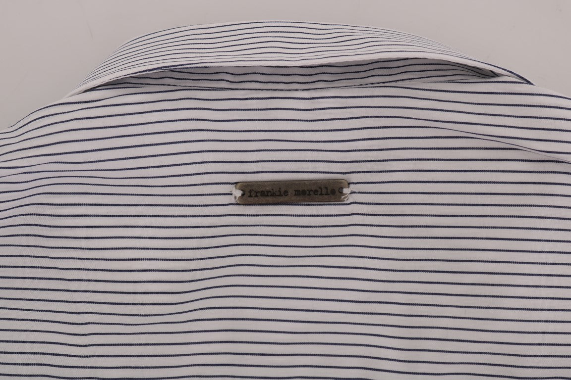Frankie Morello Men's White & Blue Striped Casual Cotton Regular Fit Shirt – Logo Detail
