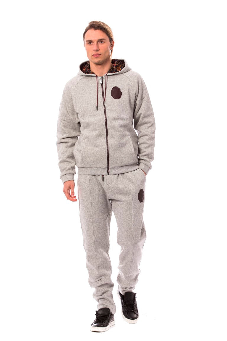 Billionaire Italian Couture Men's Gray Cotton Hooded Sweatsuit – Logo Detail, Zip Hoodie & Jogger Set