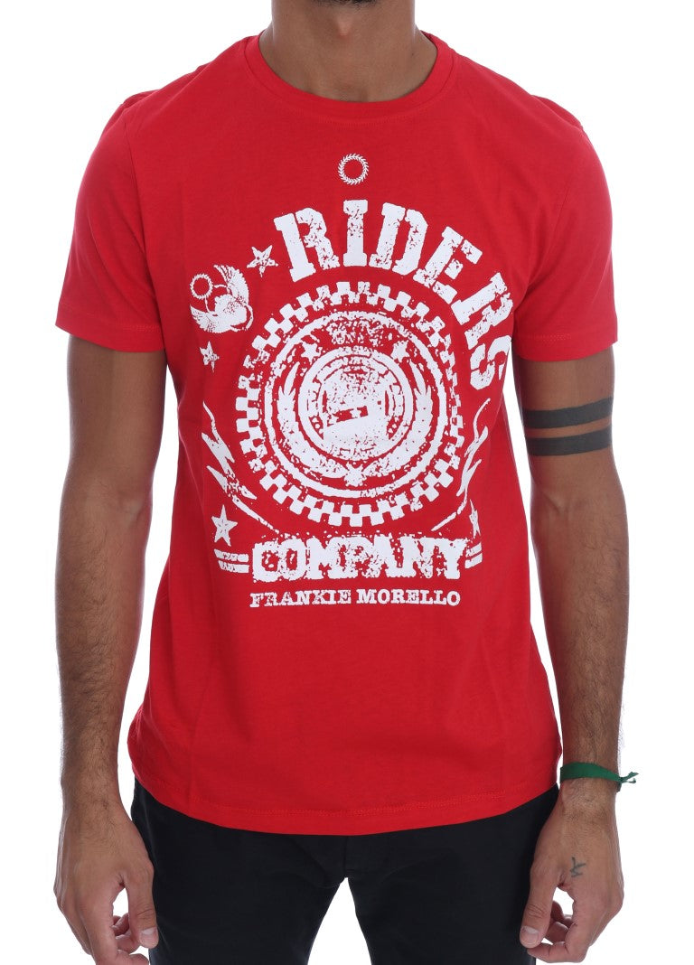 Frankie Morello Men's Red Cotton "RIDERS" Crewneck T-Shirt – Graphic Logo Detail