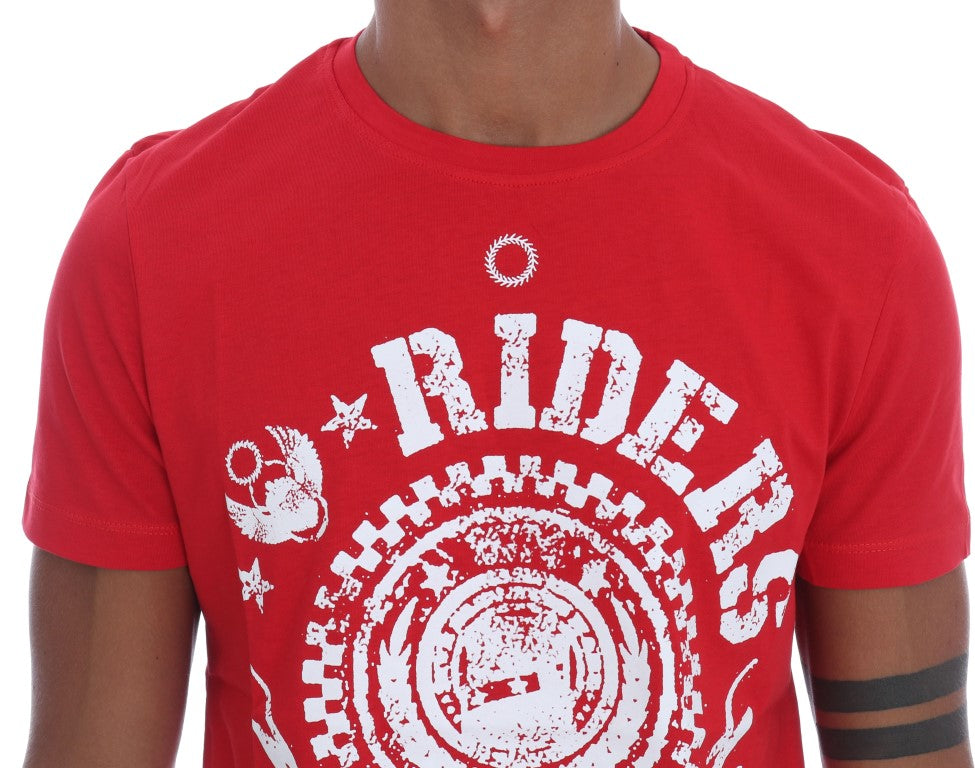 Frankie Morello Men's Red Cotton "RIDERS" Crewneck T-Shirt – Graphic Logo Detail