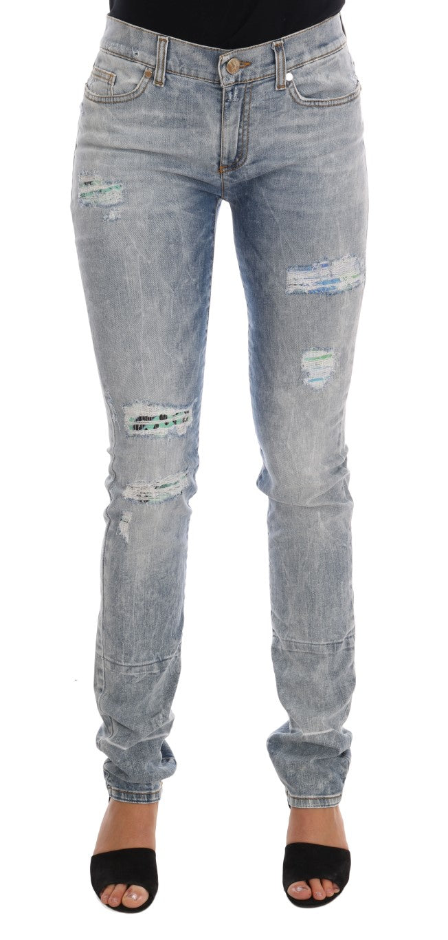 Versace Jeans Men's Blue Wash Torn Stretch Slim Fit Jeans – Logo Detail, 5-Pocket