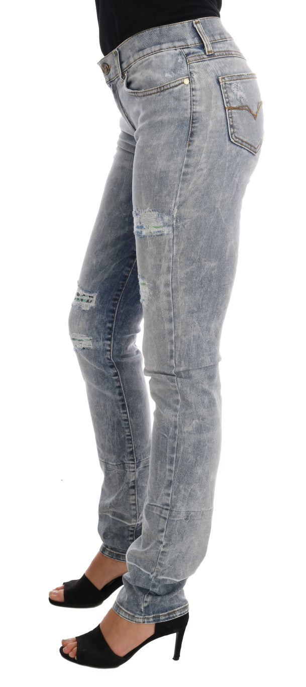 Versace Jeans Men's Blue Wash Torn Stretch Slim Fit Jeans – Logo Detail, 5-Pocket
