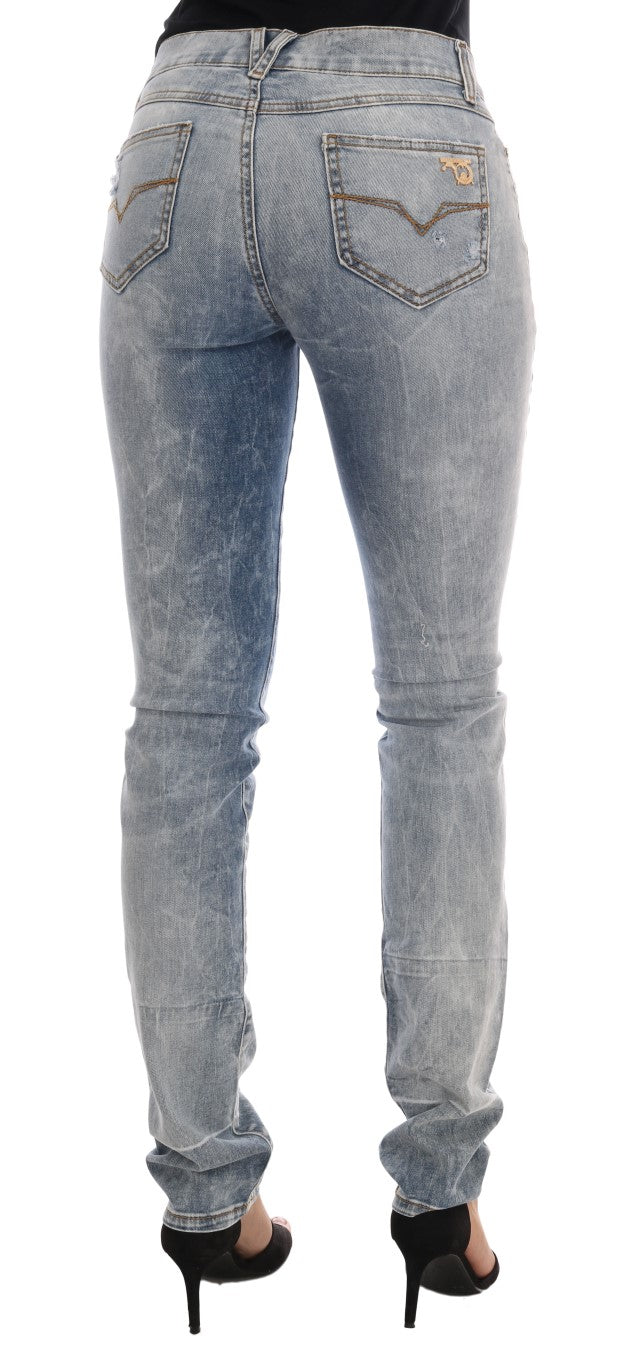 Versace Jeans Men's Blue Wash Torn Stretch Slim Fit Jeans – Logo Detail, 5-Pocket