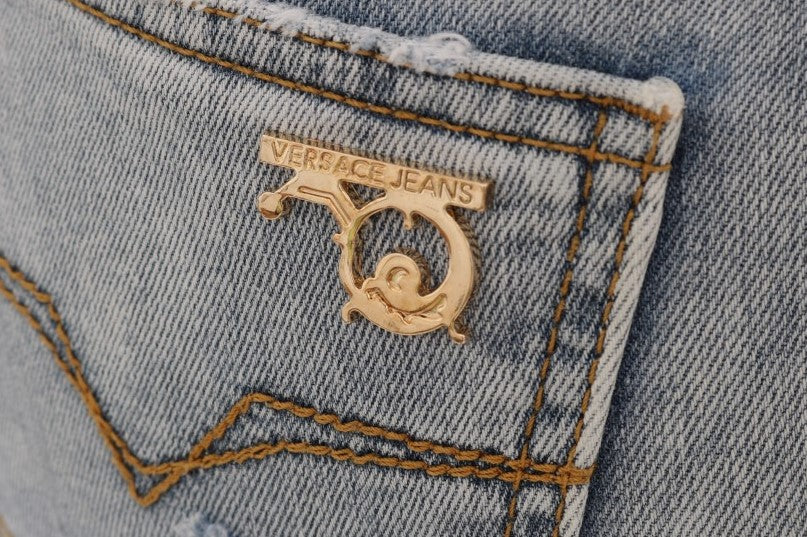 Versace Jeans Men's Blue Wash Torn Stretch Slim Fit Jeans – Logo Detail, 5-Pocket