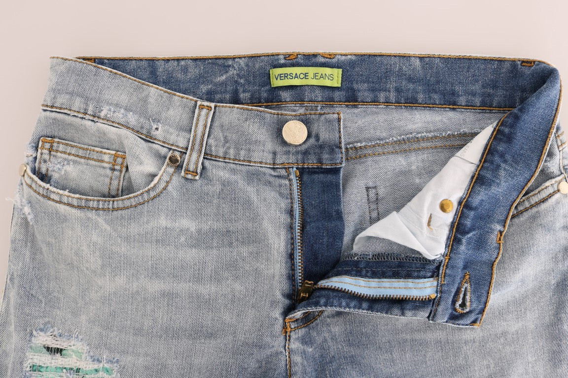 Versace Jeans Men's Blue Wash Torn Stretch Slim Fit Jeans – Logo Detail, 5-Pocket